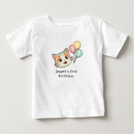 猫と3つの青い風船 1歳の誕生日 ベビーTシャツ