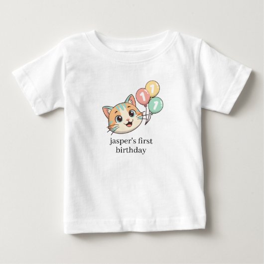 猫と3つの青い風船 1歳の誕生日 ベビーTシャツ (正面)