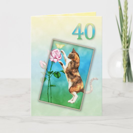 猫と40歳の誕生日よくはしゃぐ カード (正面)