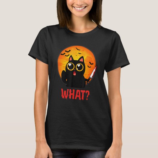 猫なんと殺意のある黒猫とナイフのハロウィーン Tシャツ (正面)