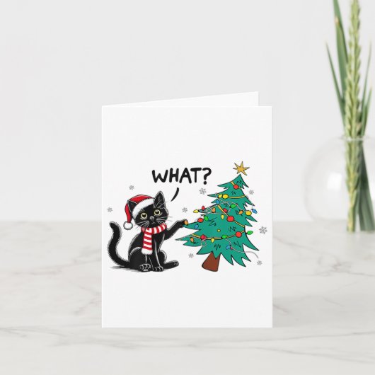 猫におもしろいクリスマスツリーを押し付ける黒猫Wh カード (正面)