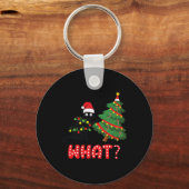 猫におもしろいクリスマスツリーを押し付ける黒猫Wh キーホルダー (正面)