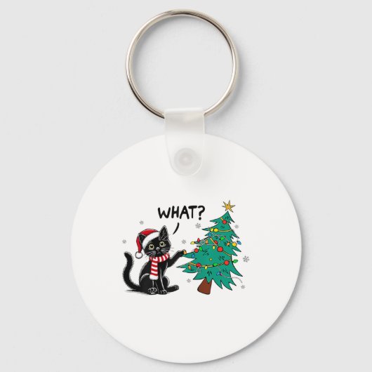 猫におもしろいクリスマスツリーを押し付ける黒猫Wh キーホルダー (正面)
