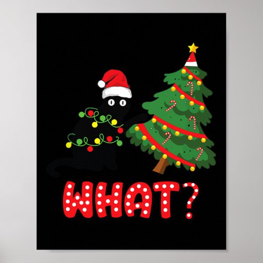 猫におもしろいクリスマスツリーを押し付ける黒猫Wh ポスター (正面)