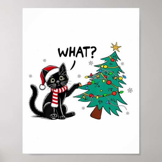猫におもしろいクリスマスツリーを押し付ける黒猫Wh ポスター (正面)