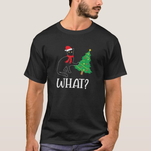 猫におもしろいクリスマスツリーを押し付ける黒猫Wh Tシャツ (正面)