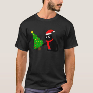 猫におもしろいクリスマスツリーを押し付ける黒猫Wh Tシャツ
