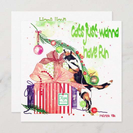 猫にちょうどおもしろいのクリスマスカードがありたいと思います サンキューカード (正面/裏面)