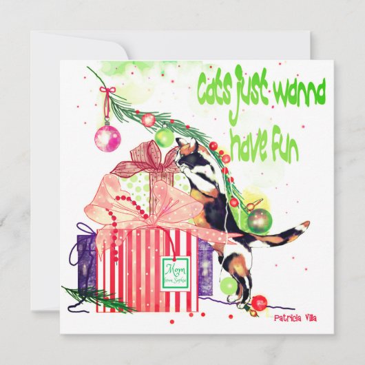 猫にちょうどおもしろいのクリスマスカードがありたいと思います サンキューカード (正面)