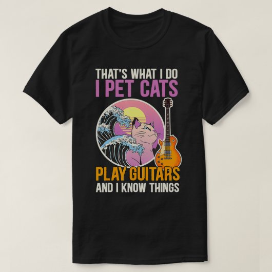 猫にギターのハム遊を飼おもしろいう Tシャツ (デザイン正面)