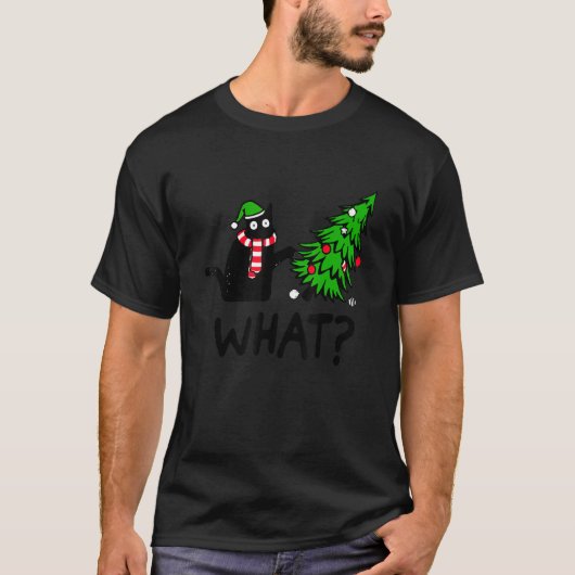 猫にクリスマスツリーを押し付ける黒猫What 1 Tシャツ (正面)