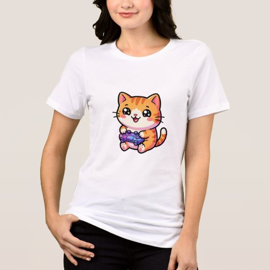 猫にゲームのコントローラー トライブレンドTシャツ (正面)