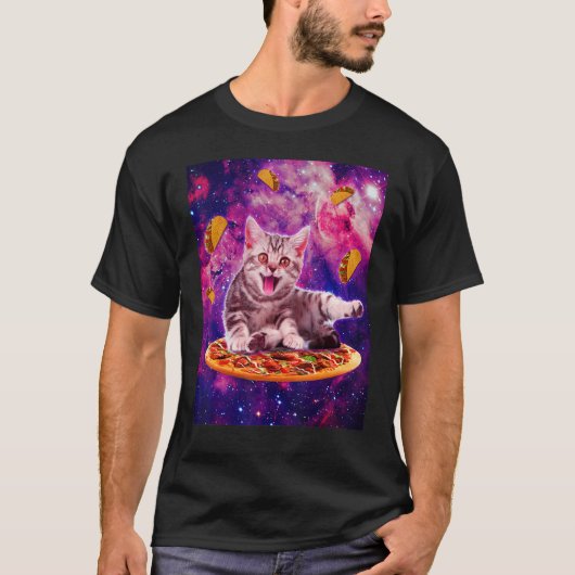 猫に乗るピザ宇宙銀河系タコキッテン Tシャツ (正面)