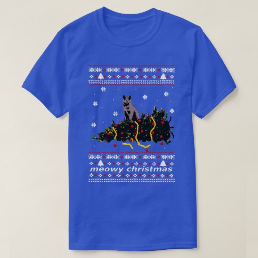 猫に倒された醜いセーターのクリスマスツリー  Tシャツ (デザイン正面)