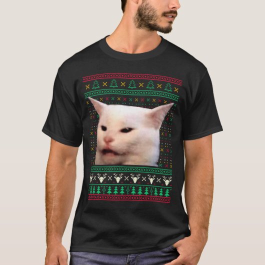 猫に怒鳴る女性 クリスマスのセーター 悪趣味 おもしろ メンズ Tシャツ (正面)