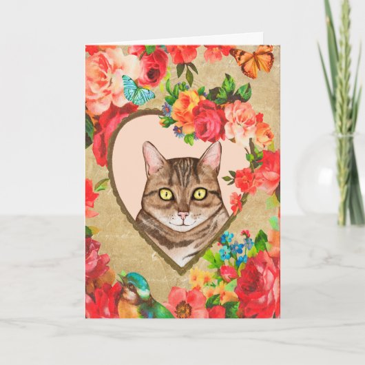 猫のいるハートフレームのバレンタイン カード (正面)