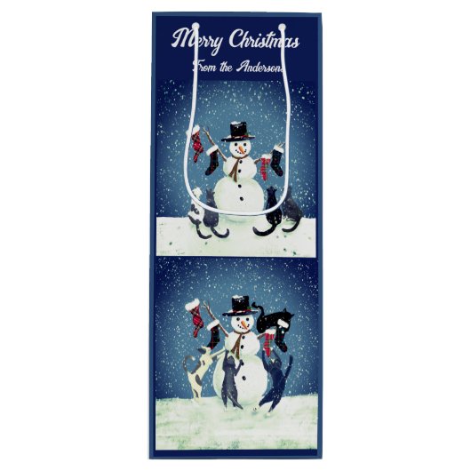猫のおもしろいクリスマスパーティーのシーン ワインギフトバッグ (正面)