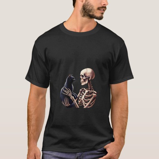 猫のおもしろいグラフィック遊スを持つ女性スケルトン Tシャツ (正面)