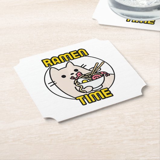 猫のおもしろいラーメン食べ猫好きペットオーナー ペーパーコースター (アングル)