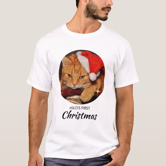 猫のおもしろい初めてのクリスマスのパーソナライズされた写真 Tシャツ (正面)