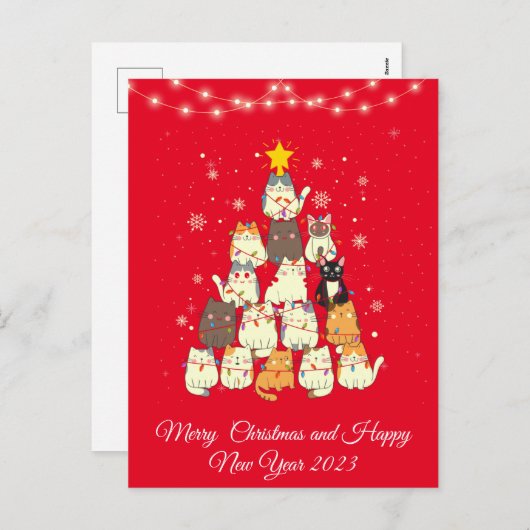 猫のおもしろい木のクリスマス シーズンポストカード (正面/裏面)