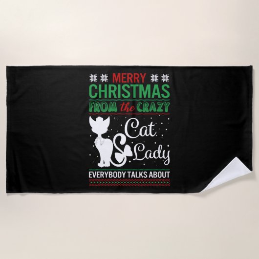 猫のおもしろい熱狂する女性のクリスマスの醜い ビーチタオル (正面)