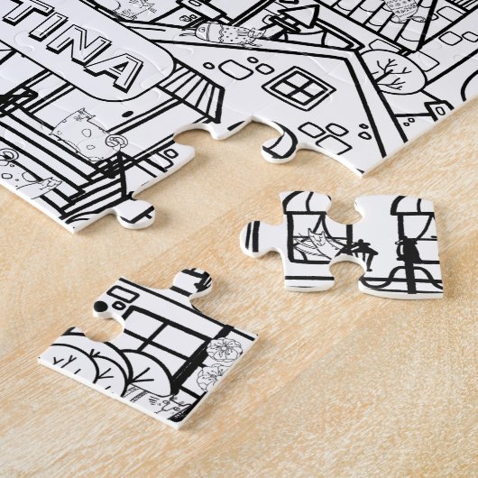 猫のおもしろい詳細な町の白黒色名 ジグソーパズル (側面)