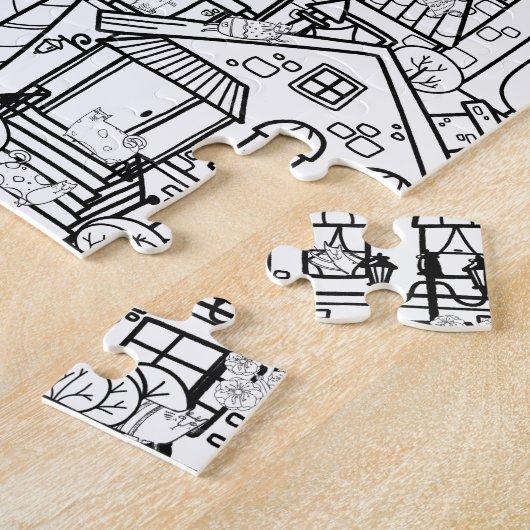 猫のおもしろい詳細な町白黒着色ギフト ジグソーパズル (側面)