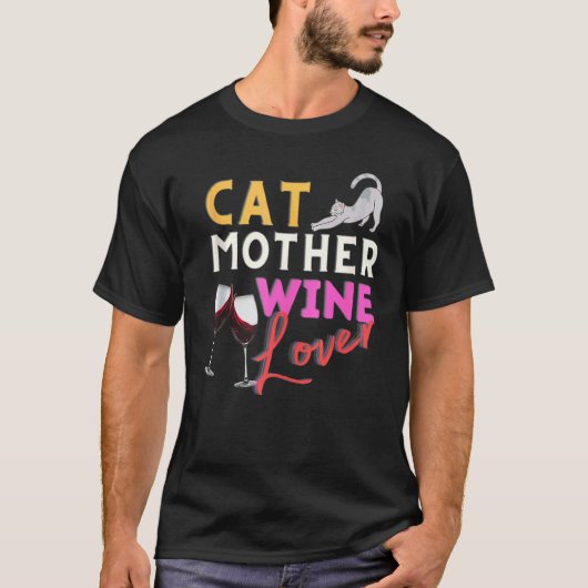 猫のお母さん ワイン好き Tシャツ (正面)
