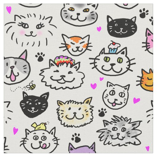 猫のお洒落顔パターン ファブリック (クローズアップ)