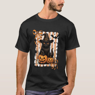 猫のかぼちゃハロウィン レトロコケットボウ 怖可愛い Tシャツ