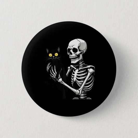 猫のかわいい黒猫ハロウィーンCoを抱えたスケルトン 缶バッジ (正面)