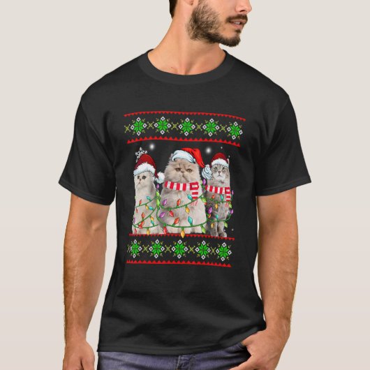 猫のためのクリスマスのセーターとサンタ帽子 Tシャツ (正面)