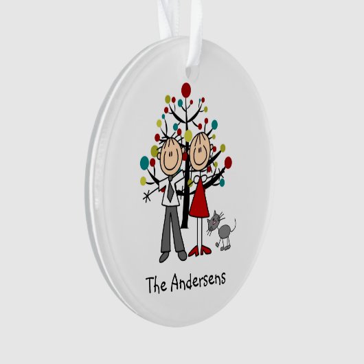 猫のアクリルのオーナメントが付いている棒の姿のカップル オーナメント (正面)