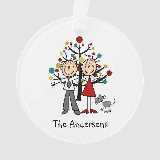 猫のアクリルのオーナメントが付いている棒の姿のカップル オーナメント (正面)