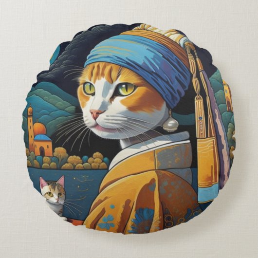 猫のアート ラウンドクッション (正面)