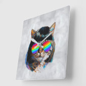 猫のウィッグ姿+サングラス (絵画 #5) スクエア壁時計 (傾斜)