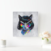 猫のウィッグ姿+サングラス (絵画 #6) スクエア壁時計 (ホーム)
