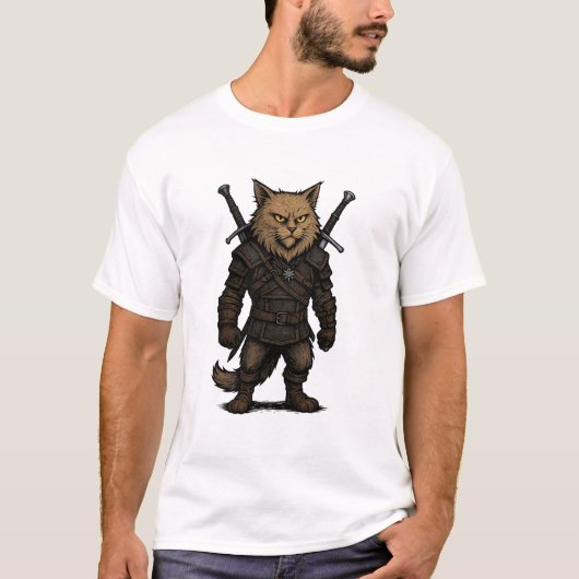 猫のウィッチャー - 中世ファンタジー戦士 Tシャツ (正面)
