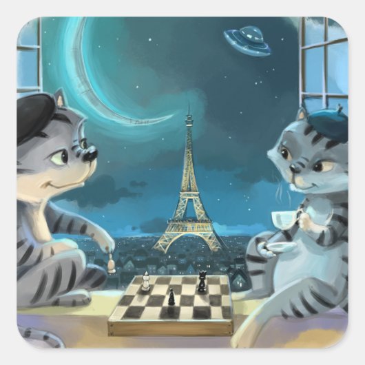 猫のエッフェル塔 - 夜 クラシック スクエア ステッカー (正面)