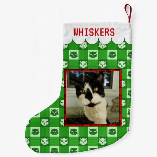 猫のカスタムは写真のかわいい一流の緑の子猫のギンガムを加えます スモールクリスマスストッキング (裏面)