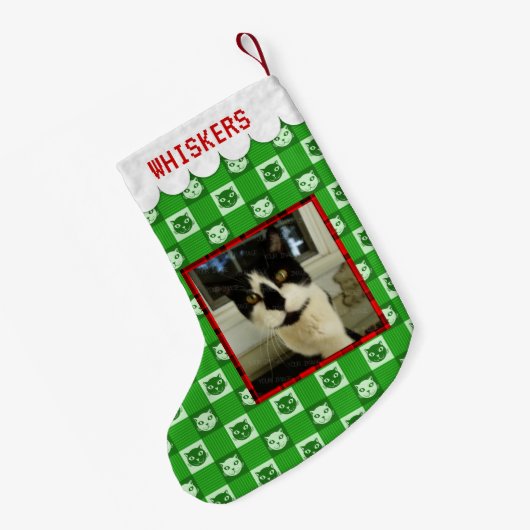 猫のカスタムは写真のかわいい一流の緑の子猫のギンガムを加えます スモールクリスマスストッキング (裏面 (吊り時))