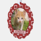 猫のカスタム写真と名前Red Paw Print Gingham オーナメントカード (左)