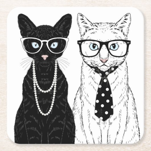 猫のカップル スクエアペーパーコースター (正面)