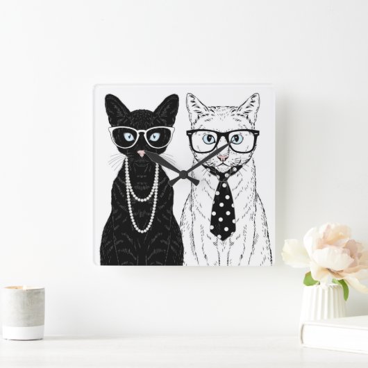 猫のカップル スクエア壁時計 (ホーム)