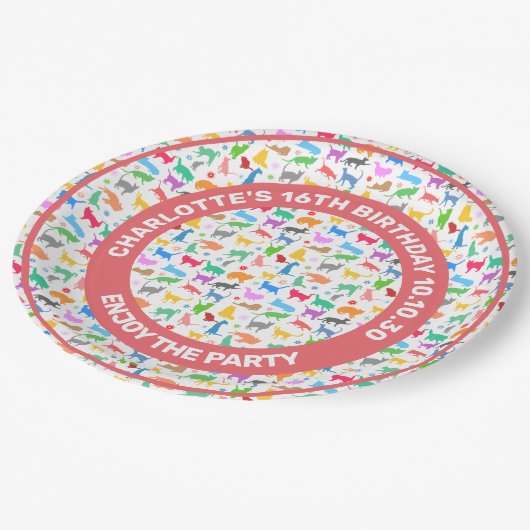 猫のカラフルシルエット ペーパープレート (アングル)