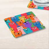 猫のカラフル柄 スクエアペーパーコースター (アングル)