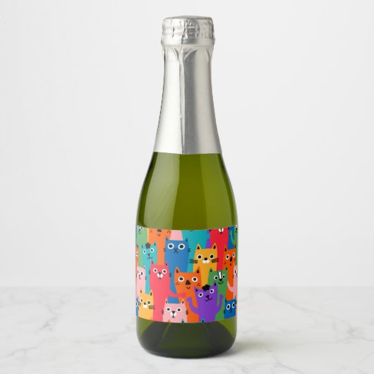 猫のカラフル柄 スパークリングワインラベル (正面)
