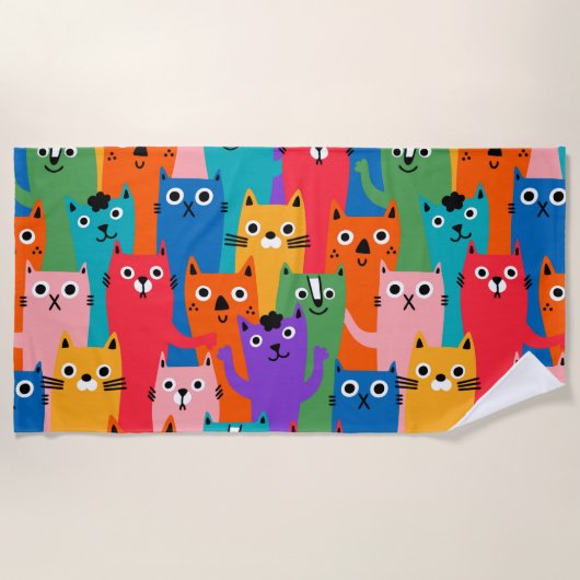 猫のカラフル柄 ビーチタオル (正面)