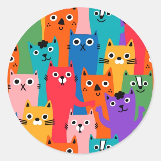 猫のカラフル柄 ラウンドシール (正面)
